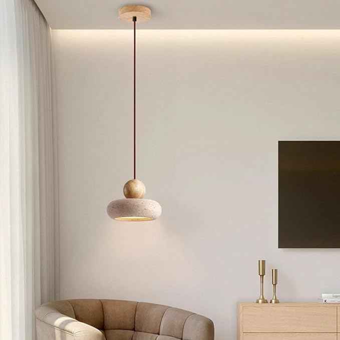 Japanese Wabi-Sabi Pendant Light Rustic Stone and Wood Modern Minimalist Chandelier Beige Natural Wood Accent Lighting Handmade Pendant Lamp for Kitchen Island, Dining Living Room(Beige)