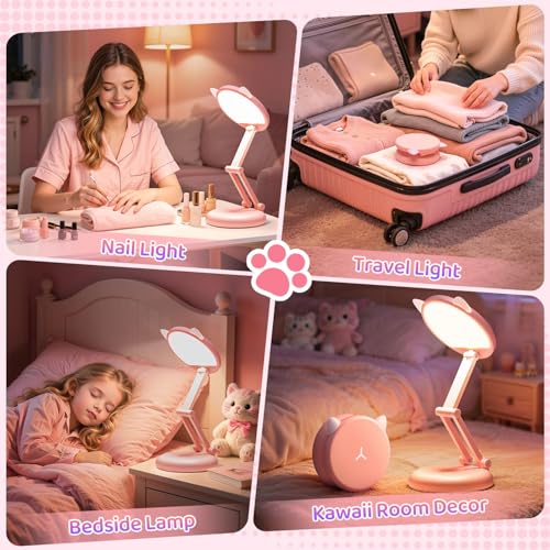 Cute Desk Lamp Pink Dorm Lamps for College Girls Foldable Portable Rechargeable Dimmable Cute Cat Lamp Kawaii Room Decor