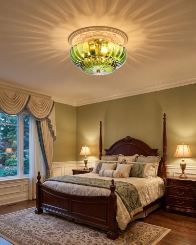 Semi Flush Mount Ceiling Light Fixture 14" Vinatge Gold Ceiling Lights Mid Century Modern Green Glass Close to Ceiling Lighting Fixtures for Bedroom Hallway Kitchen Laundry Room Bathroom