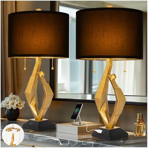 Gold Leaf Finish Table Lamp Set of 2 with USB Ports for Bedroom (2 Count)