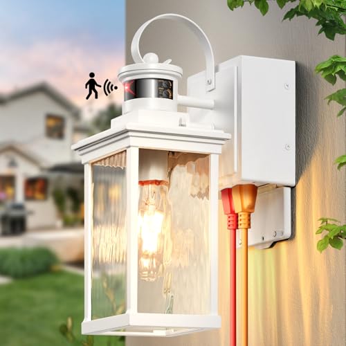 White Motion Sensor Porch Lights Outdoor with GFCI Outlet