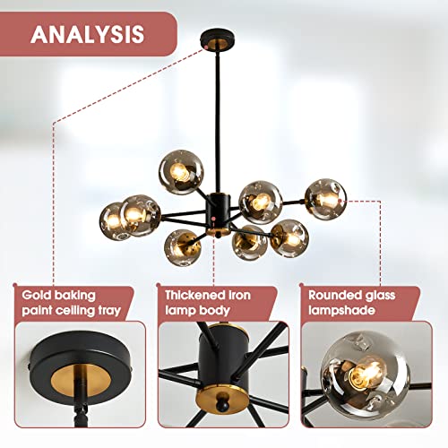 8 Light Glass Globe Sputnik Chandelier Matte Black and Gold Mid Century Modern Ceiling Light Fixture Adjustable Vintage Hanging Pendant Lighting for Dining Room Kitchen Bedroom Farmhouse