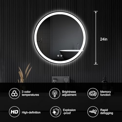 24 Inch Round LED Bathroom Mirror with Lights