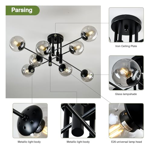 8 Light Glass Globe Ceiling Light Black Mid Century Flush Mount Sputnik Light Fixture Bubble Chandelier Living Room Farmhouse for Dining Room Kitchen Bedroom