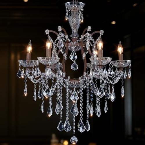 6 Light Vintage Crystal Chandeliers Maria Theresa French Country Farmhouse Chandeliers Light with K9 Crystal Pendants Distressed Brown Iron Frame Pendant Light for Bedroom Foyer Dining Room Rust color