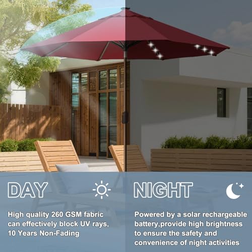 USA 10-Year-Non-Fading 10ft Market Patio Umbrella, Commercial Grade Table Sun Umbrella with 80 Solar LED Lights, Crank Open, Windproof & UPF 50+ UV Protection for Garden, Deck, Pool, Backyard, Burgundy
