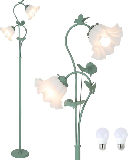 HMVPL Flower Floor Lamp for Living Room, Vintage Floor Lamp with 2 LED 5W Blubs, Foot Switch, Green Standing Lamp with Acrylic Shade, Unique Floral Tall Lamp for Living Room Bedroom Corner Office - Aura Lighting