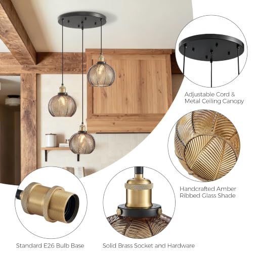 3 Light Vintage Amber Striped Glass Cluster Pendant Light