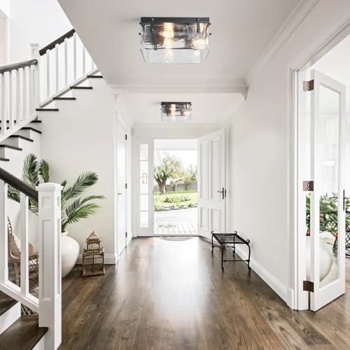 Square Glass Close to Ceiling Light Fixture Black Modern Farmhouse Flush Mount Ceiling 3