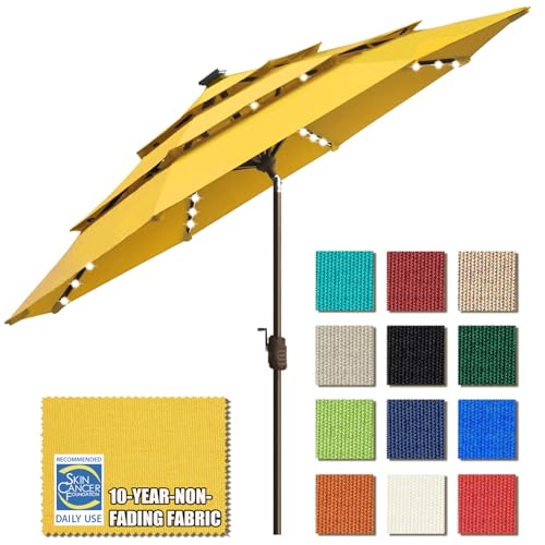 USA 10-Year-Non-Fading 9ft 3-Tier Market Patio Umbrella, Commercial Table Umbrella with 80 Solar LED Lights, Crank Open, Windproof & UPF 50+ UV Protection for Garden, Deck, Pool, Backyard, Sunflower Yellow