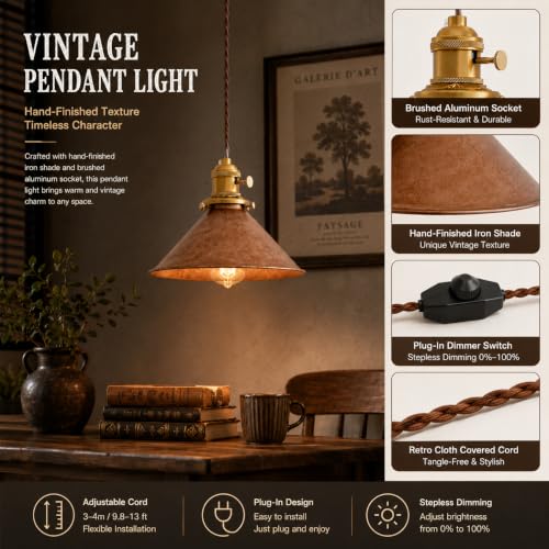 Plug in Pendant Light 8.2 Inch Rusted Copper Shade Vintage Industrial Design On
