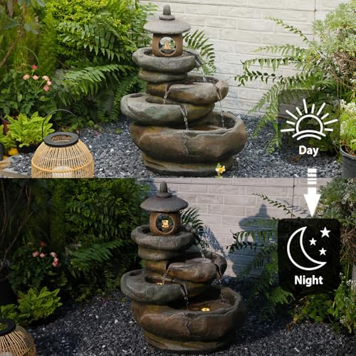 25.2" H 4 Tiered Pagoda and Imitation Rock Outdoor Water Fountain