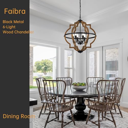 22.83" 6 Light Brown Oak Wood Drum Pendant Light for Dining Room
