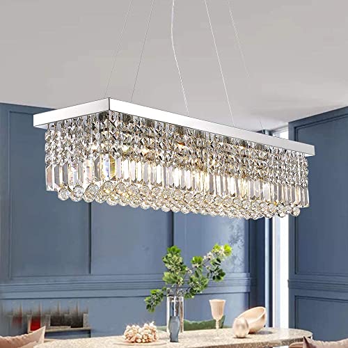 Rectangle K9 Crystal Chandelier Modern Rectangular Pendant Light Fixture for Dining Room Kitchen Island Chrome L40 x W10 x H10