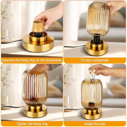 Mid Century Modern Table Lamp with Amber Ribbed Glass Shade