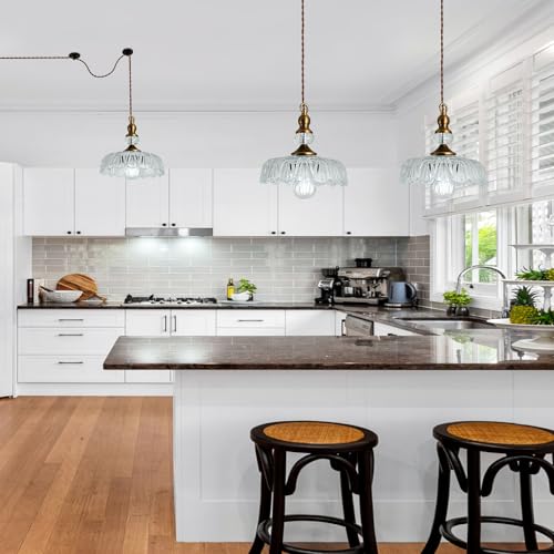 Plug in Glass Pendant Light Fixture Brass Vintage Adjustable Chandelier Brushed Gold Hanging Ceiling Light for Farmhouse Hallway Bedroom Foyer Kitcken Dining Room Island
