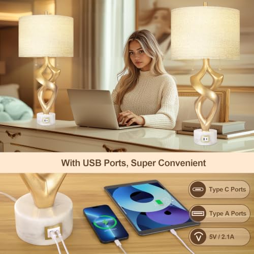 31” Tall Sculptural Table Lamp Set of 2 with USB Ports for Bedroom (2 Count)