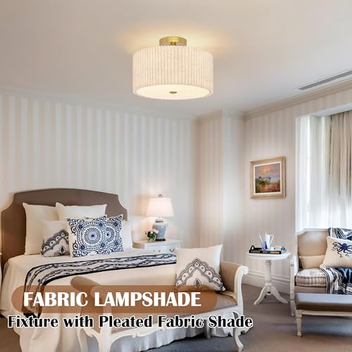 3 Light Semi Flush Mount Lights Fixture Drum Ceiling Light with Pleated Fabric Shade Gold Semi Flush Mount Ceiling Lights 16 Inch Close to Light Fixtures for Living Room Hallway