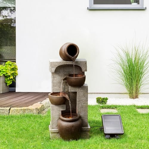 28 in. Cascading Bowls and Stacked Stones LED Outdoor Water Fountain for Outdoor Living Spaces to Create a Calming Oasis in Gardens and Landscaping