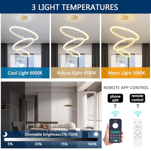 Modern LED Chandelier 3 Ring Chandelier for Dining Room Living Room Pendant Lighting Fixture High Ceiling Hanging LED Pendant Ceiling Light Fixture for Bedroom Foyer Gold