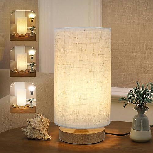 Minimalist Dimmable Nightstand Lamp with Round Fabric Linen Shade