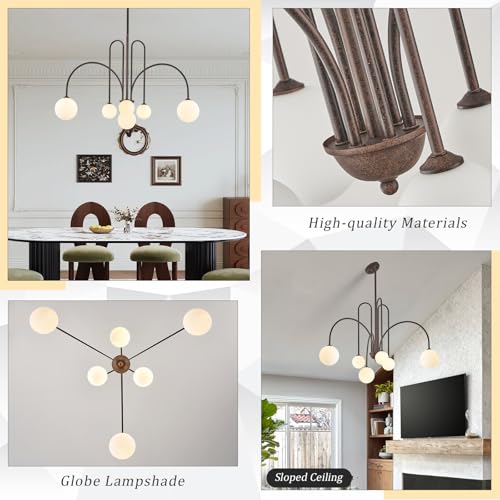 Modern 40" 6 Light Brown Sputnik Chandelier with Milk Glass Globe