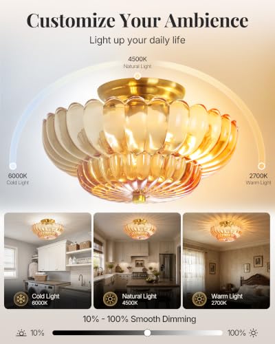 Semi Flush Mount Ceiling Light Fixture 11.8" Vinatge Gold Ceiling Lights Mid Century Modern Orange Glass Close to Ceiling Lighting Fixtures for Bedroom Hallway Foyer Bathroom Kitchen Entryway