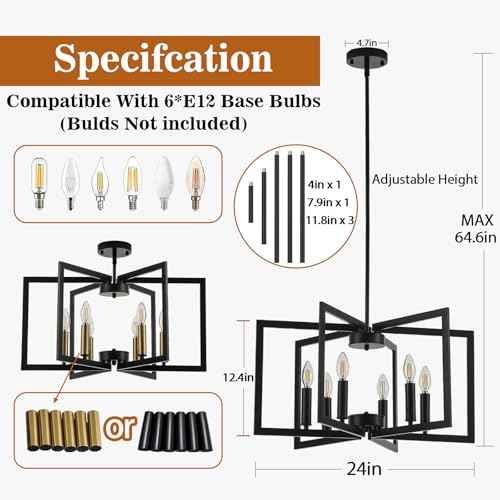 6-Light Black Chandelier for Dining Room Light Fixture Over Table Foyer Lighting Fixtures Modern Farmhouse Geometric Metal Hanging Industrial Chandeliers for Entryway Kitchen Hallway