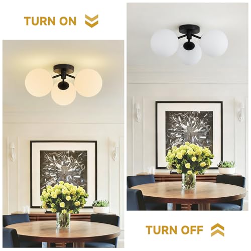 Black Globe Semi Flush Mount Ceiling Light Mid Century Modern Milk Glass