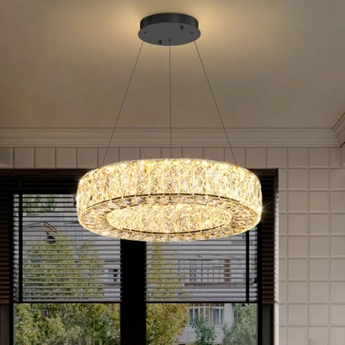 16 Inch Chandelier Glam Dimmable LED Crystal Chandeliers Luxury Round Pendant Lighting Fixtures for Dining Room Bedrooms Black
