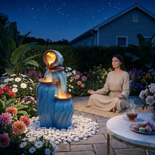 Faux Ceramic Outdoor Water Fountain with LED Lights