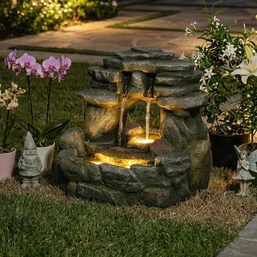 15.6" H Small Garden Outdoor Rock Water Fountain with LED Lights