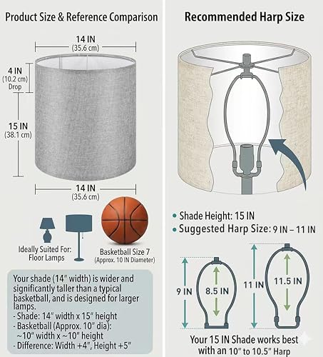 Large Tall Drum Lamp Shade Set of 2 Cement Grey Linen Lampshades for Floor Lamps and Table Lamps 14 x 14 x 15 Inch