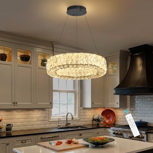 16 Inch Chandelier Glam Dimmable LED Crystal Chandeliers Luxury Round Pendant Lighting Fixtures for Dining Room Bedrooms Black