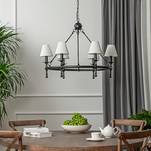 6 Lights W34in Vintage Matte Black Classic Lighting with White Pleated Fabric Chandeliers for Dining Room Mid Century Modern Large Round Ceiling Light for Classic Living Room