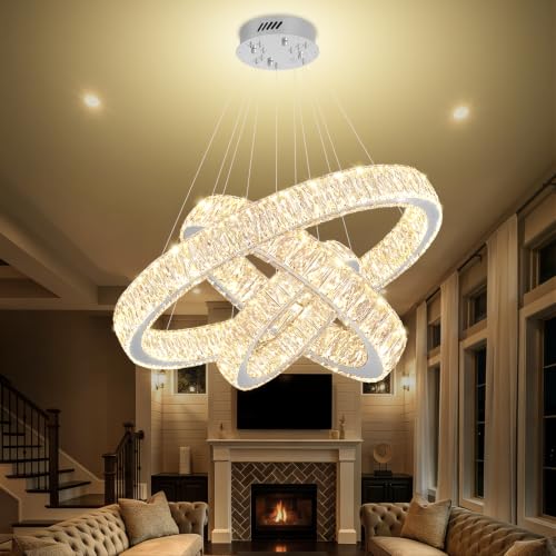 3 Rings Crystal Chandeliers 32"+24"+16" Crystal Ceiling Light Fixture Pendant Lighting Hanging Lamp for Living Room LED Dimmable 3000