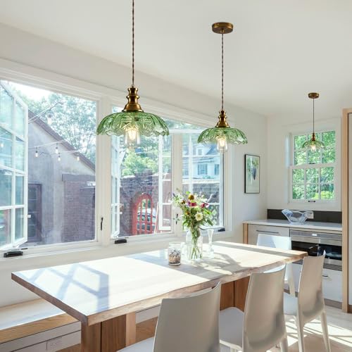 1 Light Pendant Light with Brass Gold Metal Green Glass Shade and Adjustable Cord Industrial Ceiling Hanging Light for Kitchen Island Bar Dining Room Bedroom Foyer Hallway Farmhouse