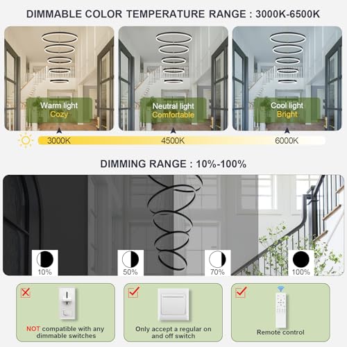 5 Rings Modern LED Chandelier Black High Ceiling Chandelier with Remote Control Dimmable Pendant Lighting for Dining Room Foyer Living Room Entryway Staircase