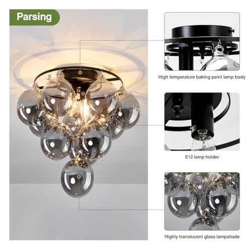 Modern Sputnik Ceiling Light Fixture 2 Light Flush Mount Chandelier with 11 Glass Globe Black Dining Room Light Fixture for Living Room Master Bedroom Kitchen Farmhouse