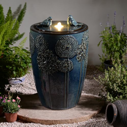 Blue Ceramic Bird & Dandelion Fountain