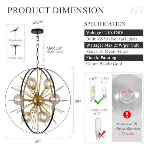 24" 9 Light Black Gold Sputnik Chandeliers with Smoke Glass Shade