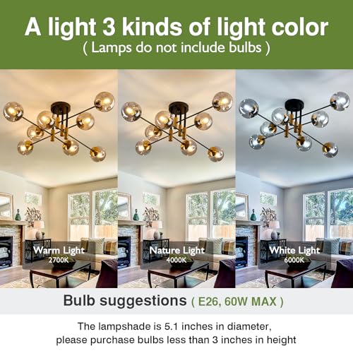 8 Light Glass Globe Ceiling Light Black and Gold Mid Century Flush Mount Sputnik Light Fixture Bubble Chandelier Living Room Farmhouse for Dining Room Kitchen Bedroom