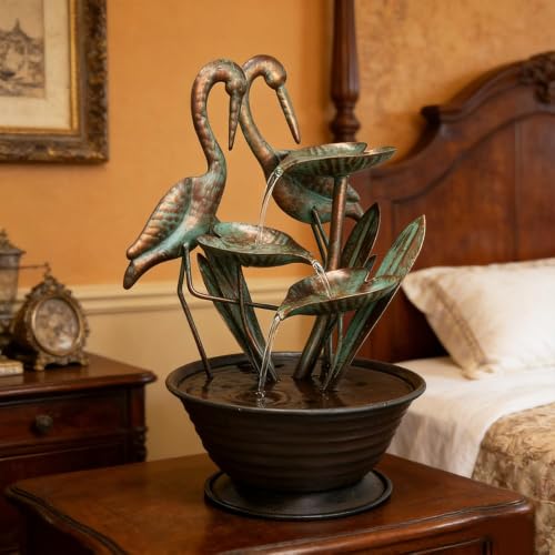 Tabletop Water Fountain with Standing Metal Crane for Home Decor