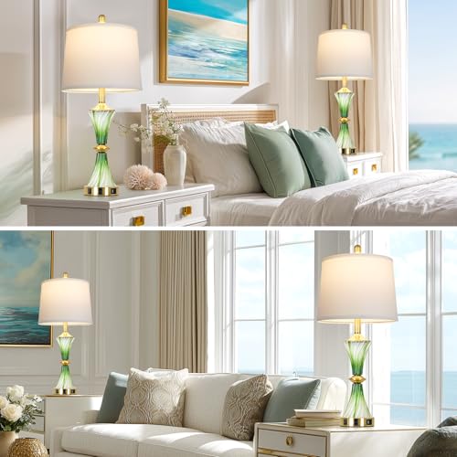 Green Glass Table Lamp Set of 2 with USB C+A Ports & AC Outlet (2 Count)