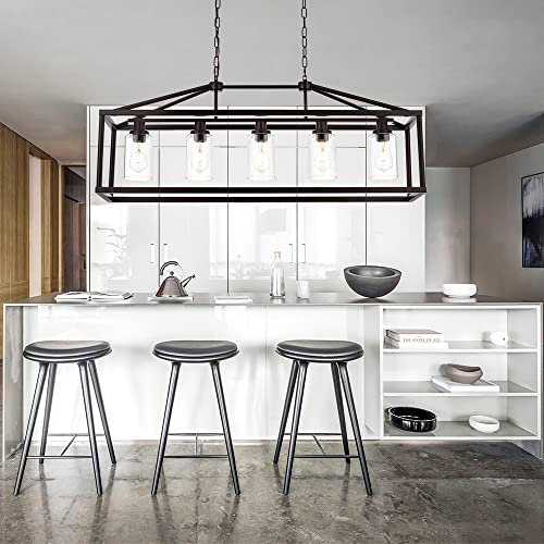 Industrial Rustic Farmhouse Chandelier 5 Light Modern Rectangle Dining Room Light Fixture Hanging Oil Rubbed Bronze Kitchen Island Cage Pendant Lighting with Clear Glass Shade for Hallway Bar