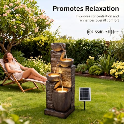 Solar Water Fountain Outdoor Garden 4 Tiers Stone Texture Modern Fountains