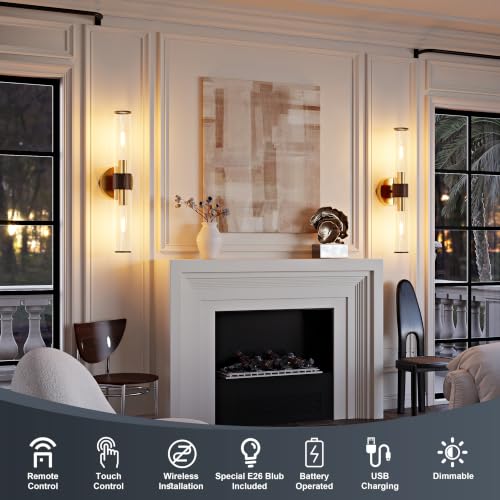 Gold Walnut Battery Operated Wall Sconces Set of 2