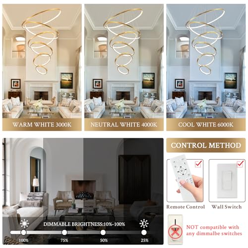Modern 31" Big LED Chandeliers for High Ceiling 6 Rings Gold Chandeliers with Remote Control Dimmable Large Contemporary Ceiling Pendant Light for Foyer Living Room 3000K (6 Count)