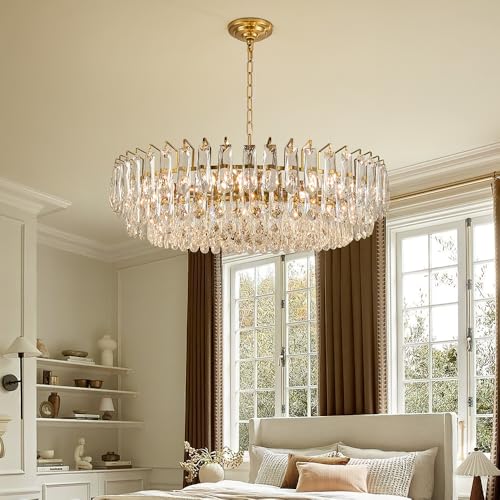 31.5" Gold Crystal Chandeliers Fully Transparent Crystal Modern3