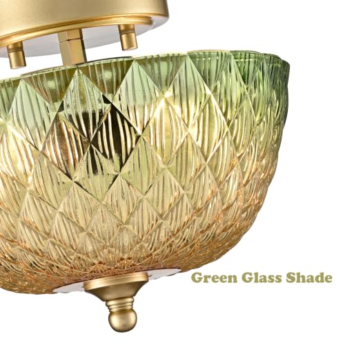 Semi Flush Mount Ceiling Light with Green & Amber Glass Shade